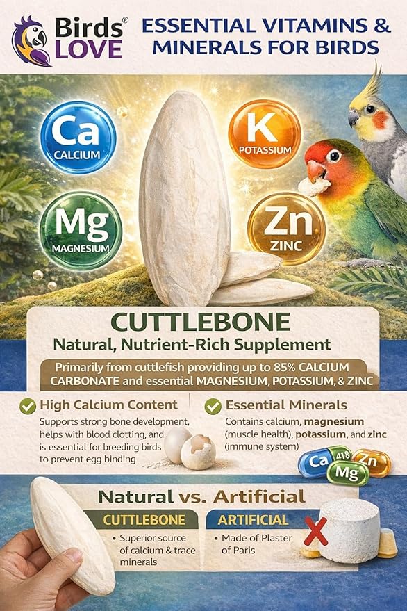 Birds LOVE 5.5-6″ Cuttlebones for Birds – 100% Natural Sun-Dried Calcium Carbonate Mineral Supplement – for Parakeets, Budgies, Cockatiels, Finches & Canaries – 4 lb with Holder – Made in Vietnam