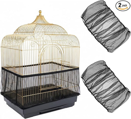 2 Pcs Bird Cage Seed Catcher, Elasticity Bird Cage Cover Seed Catcher Guard Birdscage Net Skirt Netting for Parrot Parakeet, Black