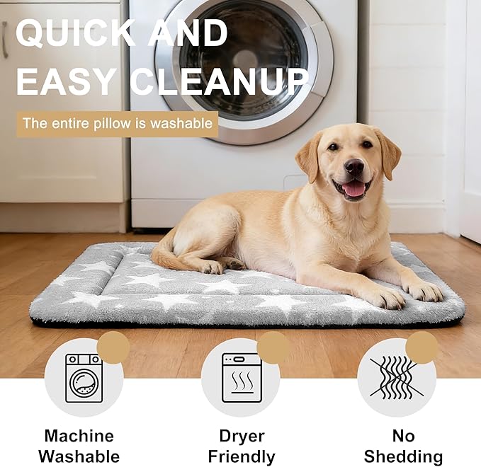 Dog Bed Mat – Soft & Comfortable Dog Kennel Pad for Crate – Durable Crate Bed & Mat for Dogs & Cats – Ideal for Crate, Kennel, and Home Use (Big&Little Stars Grey, L(35"*23"*1.5"))