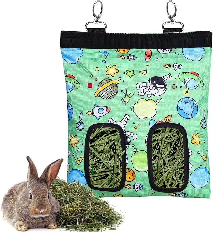Rabbit Hay Feeder Bag Guinea Pigs Hanging Hay Rack Manger Holder Dispenser Small Animal Feeder Storage Pouch for Bunny Chinchilla Hamster (Pattern Green, 2 Windows)