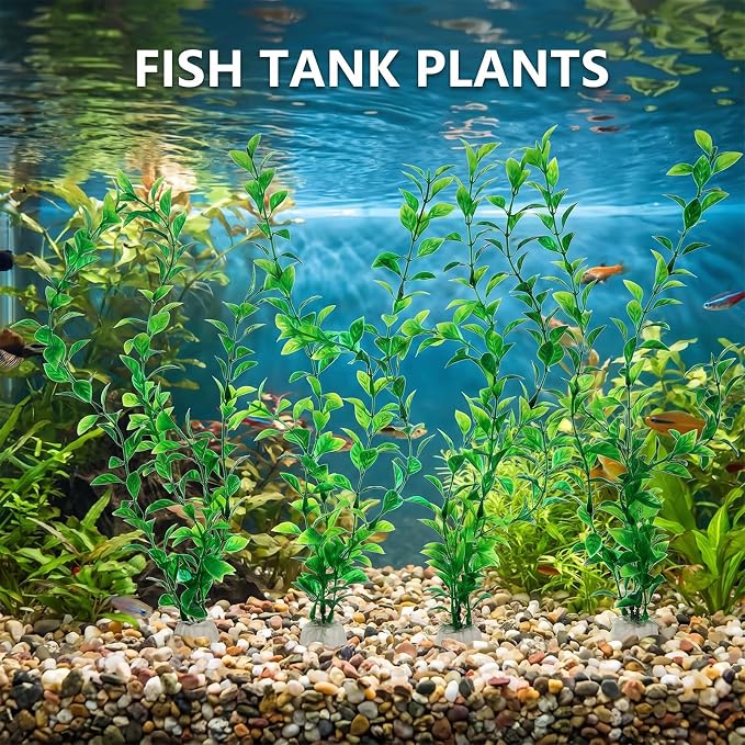 4 Pack Silk Aquarium Plants 13.8 Inch Plants for Fish Tank | Decorations Artificial Plastic Habitat Decor Small To Moderate Size Safe Green for Tank, Goldfish, Fish Hides