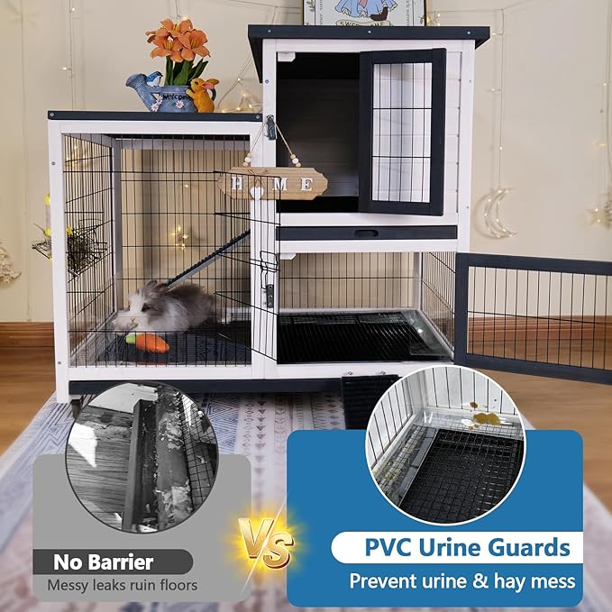 FunXplore 2-Tier Rabbit Cage & Bunny Hutch Indoor Outdoor, 4 Metal Wheels, Chew-Resistant Aluminum-Edged Frames & Ramps, Leak-Proof Trays, Easy Assembly, Spacious for Rabbits & Small Animals