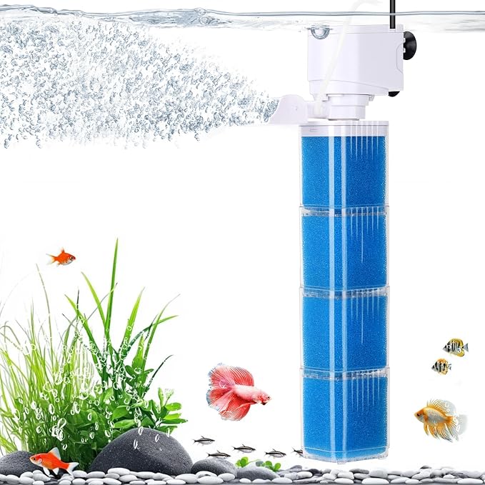 fishkeeper 4-in-1 Mutil Stage Aquarium Power Filter, 6W/8W/13W, 20-100Gal | Quiet Submersible Fish Tank Filter with Filtration/Bubbler/Oxygenation/Wavemaker Function, Adjustable Air Flow, Sponge Filter