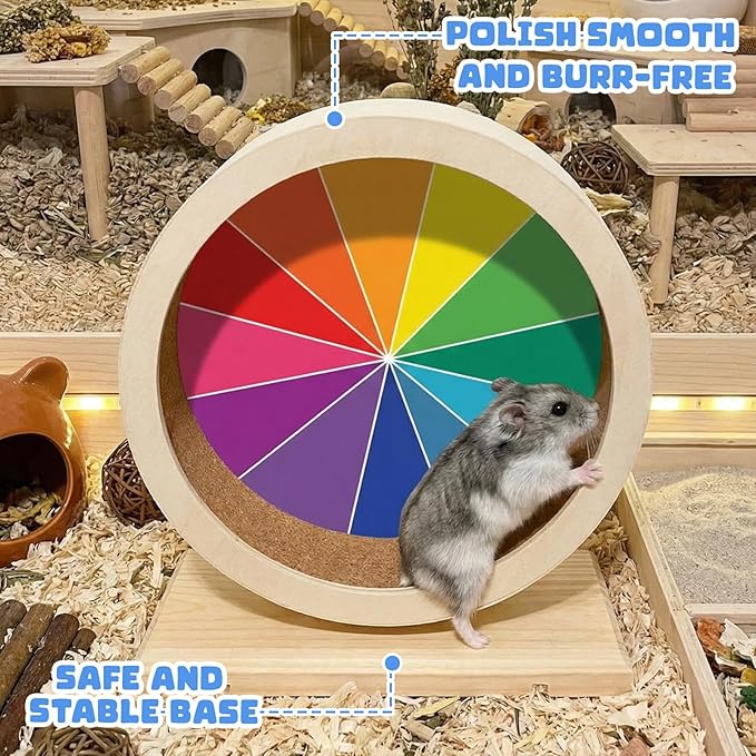 Geelin 7 Inch Hamster Wooden Silent Wheel, Rainbow Printed Small Animal Exercise Wheel, Quiet Spinner Hamster Running Wheels Prevent Depression Toys for Hamsters, Gerbils, Mice and Other Small Pets