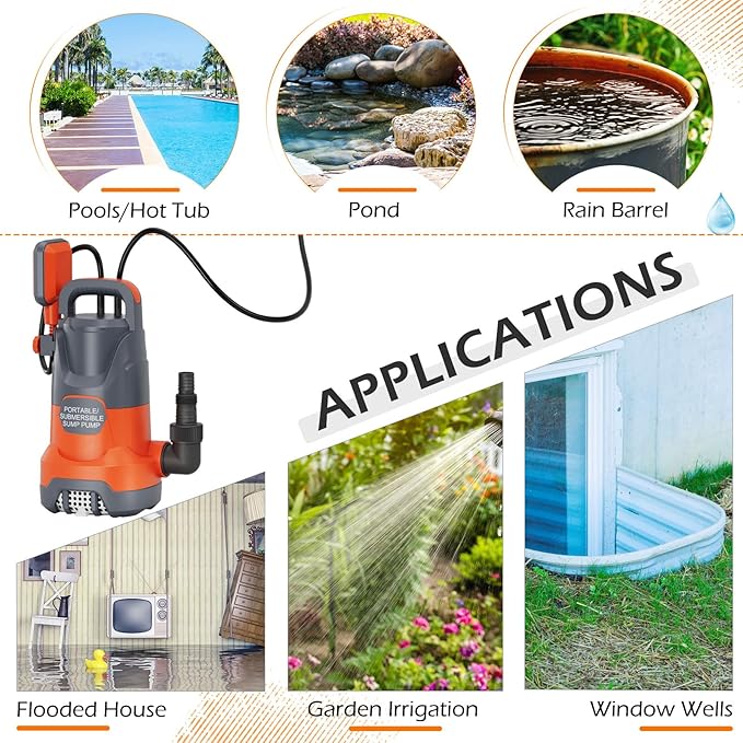Sump Pump with Float 1HP Clean/Dirty Submersible Water Pump Electric 4500GPH for Pool Draining Spa Hot Tubs Ponds, Orange