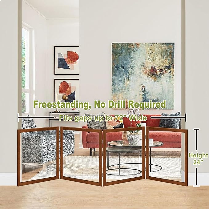 LZRS Extra-Wide Clear Dog Gate for Indoor Use - Transparent Pet Fence with Solid Hardwood and Plastic Board, Stylish & Durable freestanding Pet Gate for Doorways, Stairs and Hallways-4 Panel Cherry