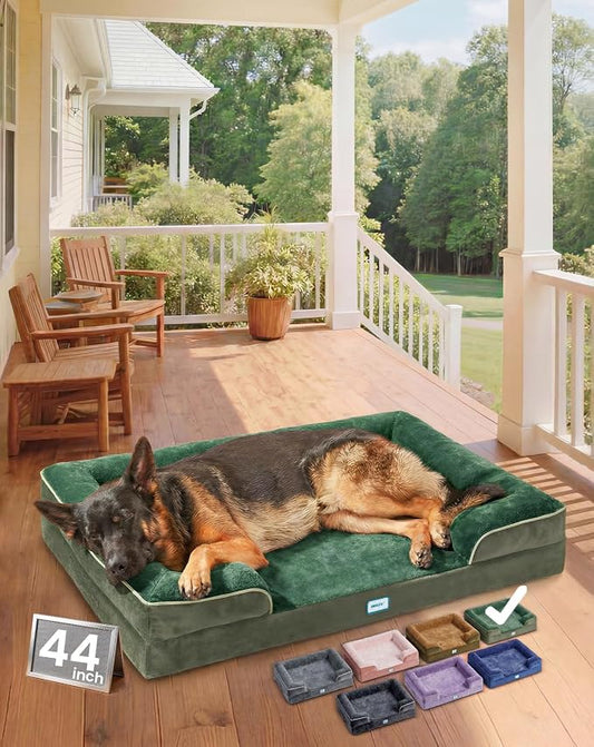 OhGeni Orthopedic Dog Bed Couch Big Cat Sofa for Extra Large Sized Pets with Memory Foam, Machine-Washable Waterproof Removable Cover, Soft Comfortable Fabric, 44-inch (Green)