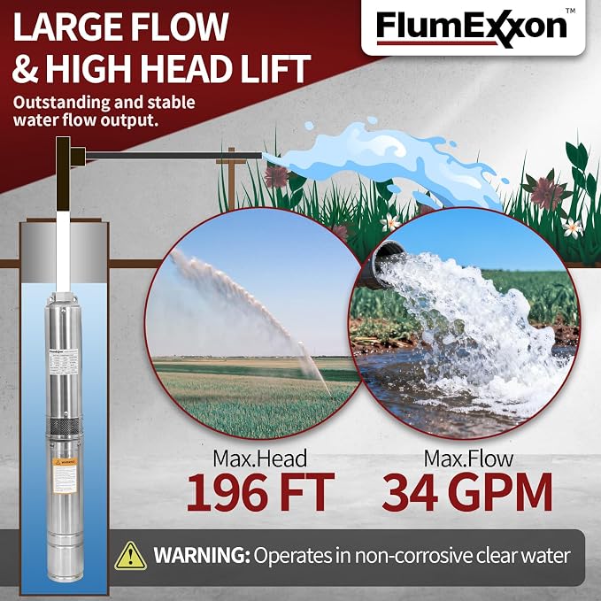 1HP Deep Well Submersible Pump 115V/60Hz, 34GPM, 196ft Head, with 33ft Cable, Stainless Steel Water Well Pump for 4'' Deep Well, Industrial, Irrigation and Home Use Submersible Well Pumps