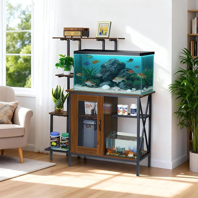 20-29 Gallon Fish Tank Stand with Plant Shelf, 2-in-1 Walnut Aquarium Stand | Built-in Power Outlet, Full Spectrum LED Grow Light, Adjustable Storage Shelves, Stable Metal Frame for Home Use