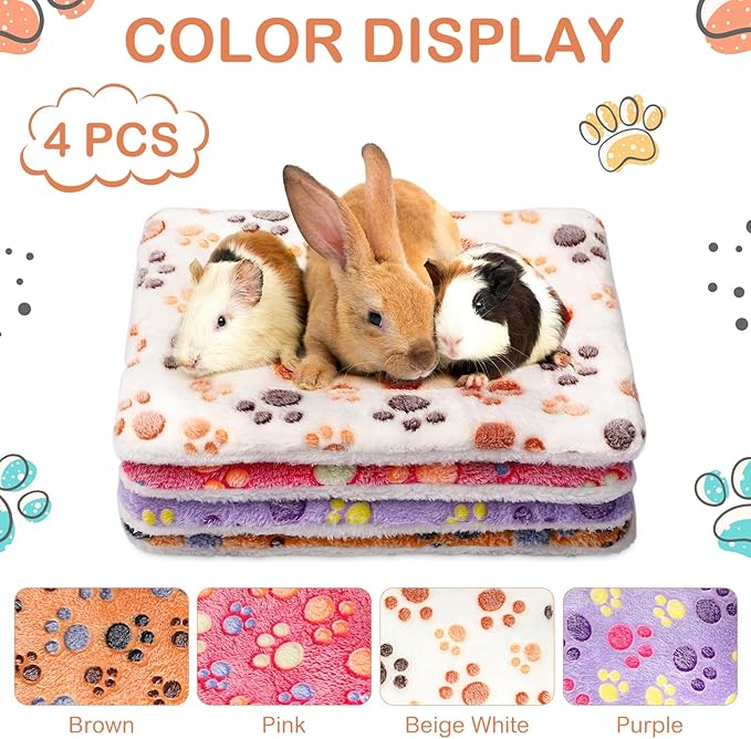 Haull 4 Pcs Waterproof Guinea Pig Bedding Guinea Pig Bed Plush Cage Liners Soft Rabbit Dog Crate Pad Cat Mat Reversible Cozy Animal Pee Pad Hamster Bunny Mat Accessory(Paw,13 x 10 Inch)