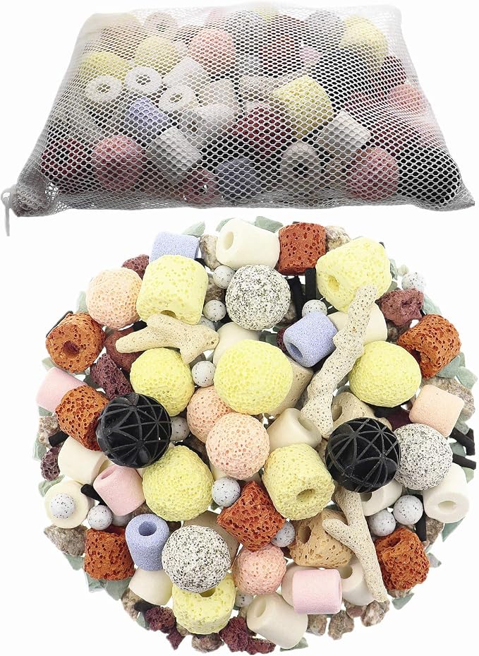 Aquarium Filter Media 15-in-1 Mineral Balls & Ceramic Rings - 500g with Zippered Mesh Bag for Fish Tank/Pond Filters