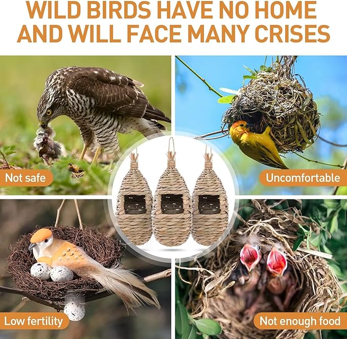 WDEFUN Humming Bird Houses for Outdoor Hanging, Natural Grass Bird Hut,Hand Woven Hummingbird Nest,Wren Finch Bird House for Garden Window Outdoor Home 3 Pack