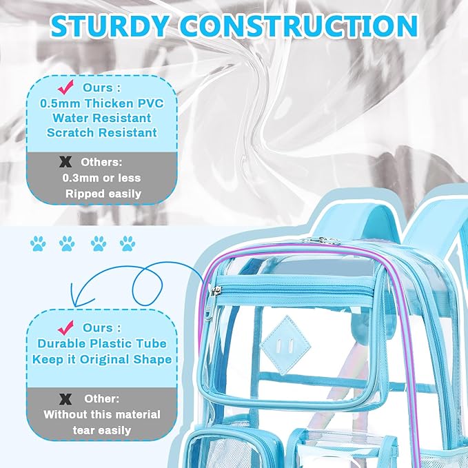 PIG PIG GIRL Clear Backpack for School,Heavy Duty PVC Transparent Bookbag for Girls Stadium Approved See Through Backpack