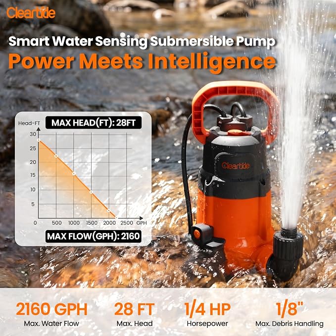 utility submersible pump with water sensor 1/4hp pump with hose, 10ft