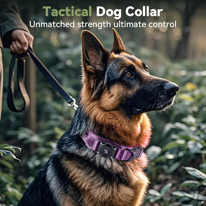 2026 Upgrade Waterproof AirTag Dog Collar, Military Tactical Dog Collar with AirTag Holder, Comfortable Control Handle and Metal Buckle, GPS Dog Collar Holder for Medium to Large Dogs (Purple, L)