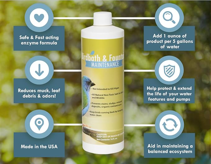 Sanco Bird Bath & Fountain Maintenance, Fast-Acting Enzyme-Based Formula Will Extend The Life of Your Water Feature, Aid in Maintaining a Balanced Ecosystem, 16 oz