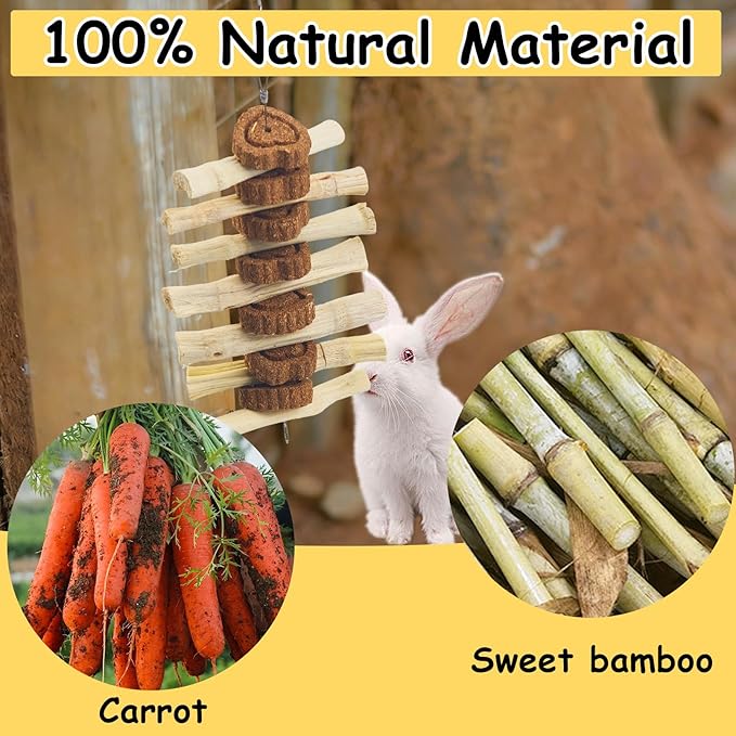 4 PCS Bunny Chew Toys for Grinding Teeth, Hanging Rabbit Snack Toy Natural Chinchilla Sweet Bamboo Sticks Carrot Cake Small Animal Treats String for Chinchilla, Guinea Pigs, Squirrel, Gerbil