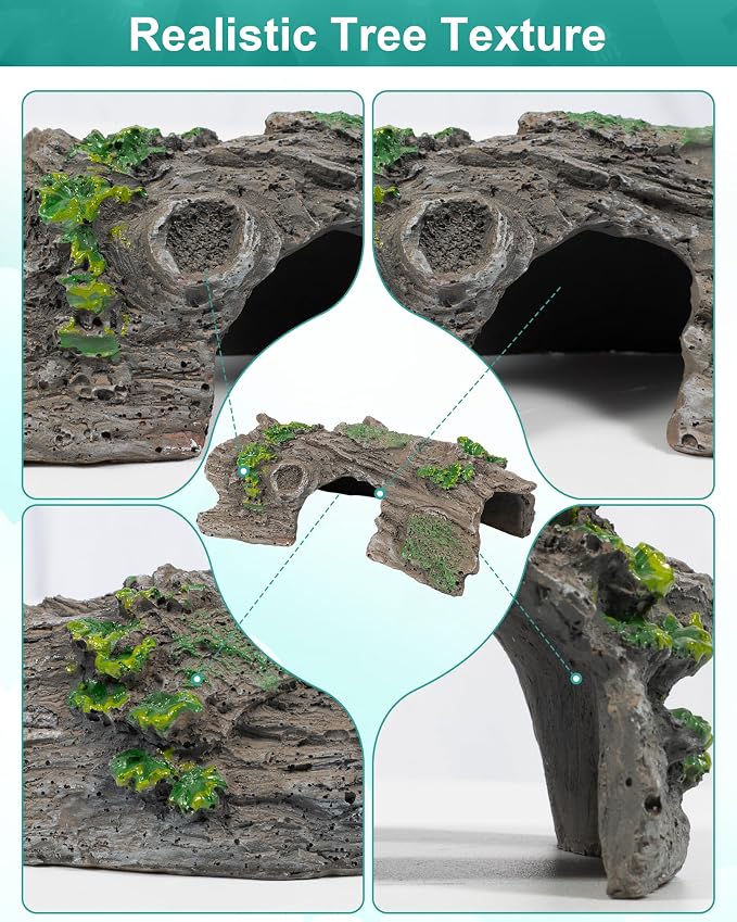 TRUVIC Fish Tank Decorations - Aquarium Cave Decor, Resin Hollow Tree Trunk Reptile Hide & Betta Log Hideout for 20 Gallon Tank, Fish Accessories Shelter Cave