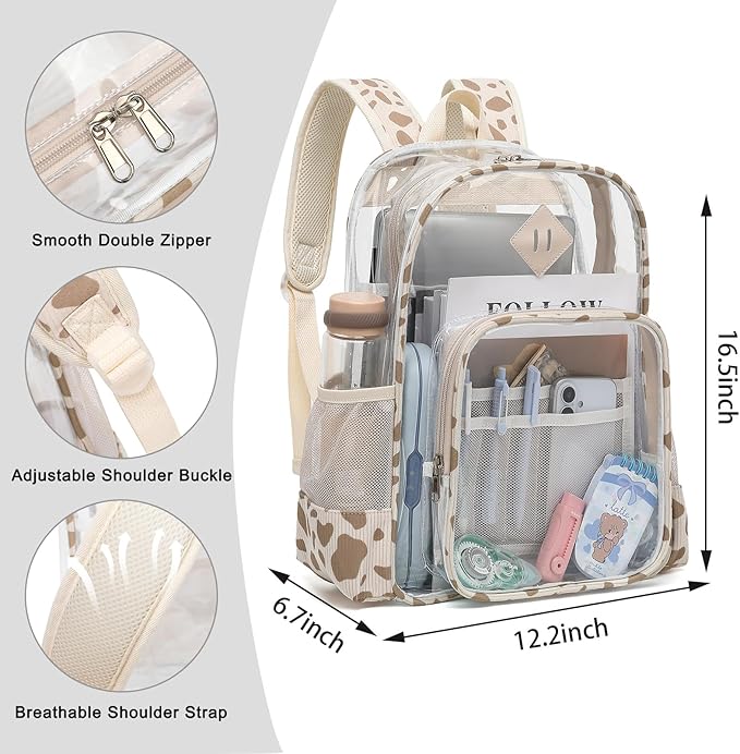Clear Backpack for Girls Women School Bookbag Heavy Duty Transparent Backpacks (Corduroy Cow Print Khaki)