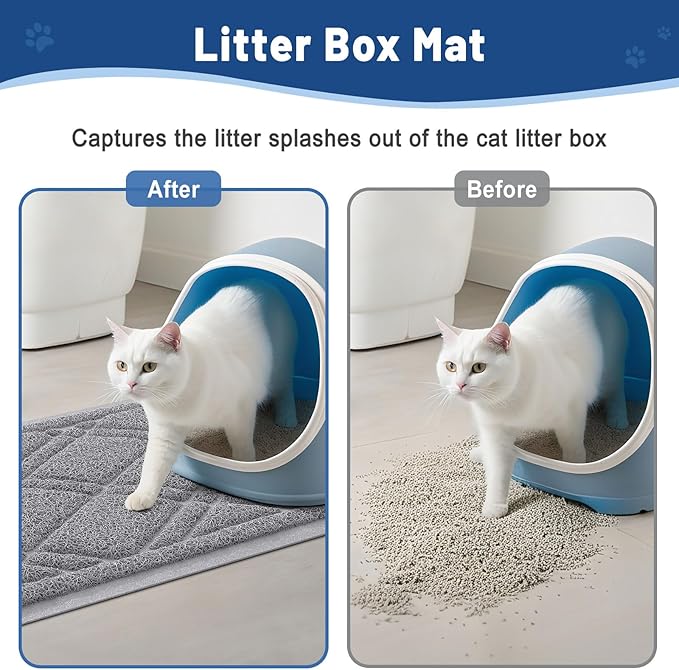 Smiry Cat Litter Box Mat 30x20, Non-Slip Water Resistant Litter Trapping Mat, Easy Clean Less Waste and Urine-Locking Cat Carpet for Indoor, Grey