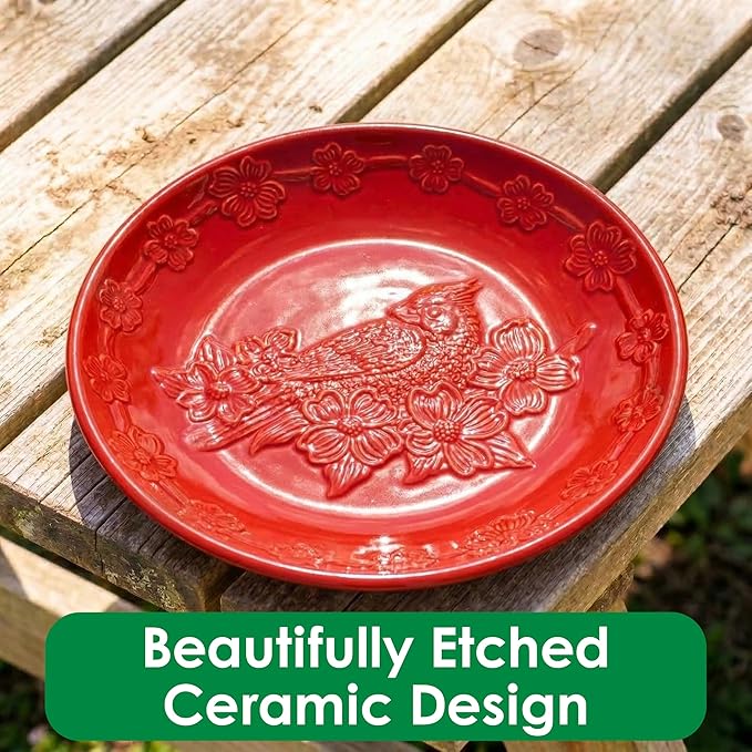 Red Ceramic Bird Bath Bowl - Hanging Bird Baths for Outdoors - 12-Inch Glazed Ceramic Bowl with Embossed Cardinal & Dogwood Design - Metal Chain & Hook