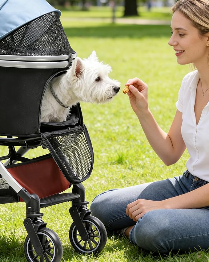 GTPLAYER Pet Stroller for Small Dogs & Cats, 3-in-1 Foldable Pet Stroller with Detachable Carrier, 360° Swivel Front Wheels & Rear Brakes, Up to 45 lbs, Light Blue