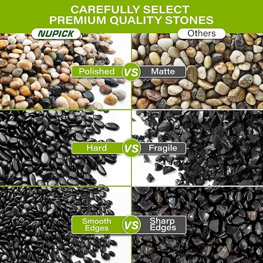 NUPICK 12lb River Rocks for Plants Indoor, Black Pebbles for Vases Fillers | 1/5 Inch Decorative Pea Gravel for Fish Tank, Natural Polished Stones for Succulent, Bonsai, Landscaping, Bird Baths