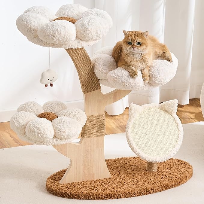 Aesthetic Flower Cat Tree Tower with Scratching Post for Indoor Cats, 37" Modern Cat Tree with Wood Sculpted Branch, Flower Cat Beds, Scratching Board & Interactive Squeaky Toy, Creamy White