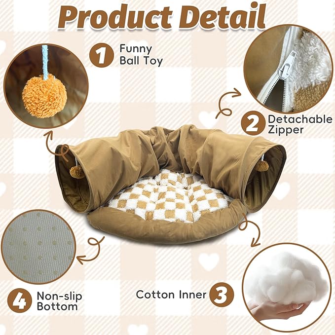 PINVNBY Bunny Tunnel Bed 2-in-1 Removable and Cozy Large Guinea Pig Hideout Tunnel Washable Small Animal Tunnels Tube Toys Guinea Pig Accessories for Rabbit Chinchilla Hedgehog Ferret (Khaki)