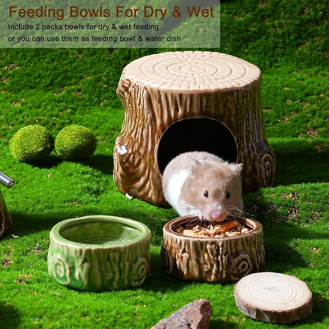 Hamster Food Bowl, 2 Packs Ceramic Tree Hamster Bowls Guinea Pig Food Dish Water Bowls for Gerbil Mouse Chinchilla Hedgehog