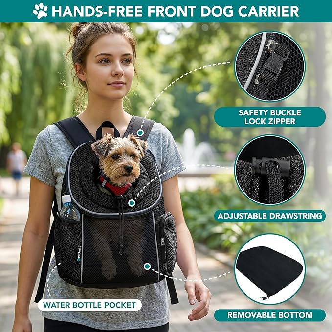 PetAmi Dog Front Carrier Backpack, Ventilated Adjustable Dog Pet Cat Chest Carrier Backpack, Dog Carrier for Hiking Camping Travel, Small Dog Puppy Medium Cat Carrying Bag, Max 14 lbs, Black