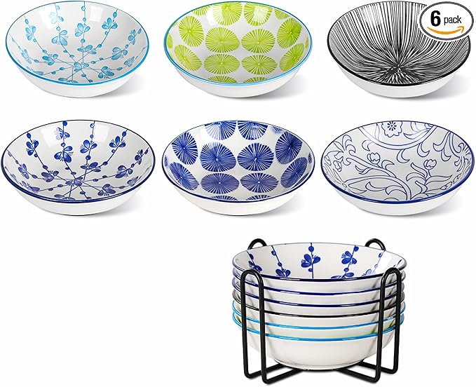 Ceramic Cat Food Bowls,6 Pack Colorful Cat Bowls Set with Metal Storage Stand,Anti-Slip Cats Dishes,Stackable Design,Kitten Plates for Wet and Dry Food Water (6bowls with Metal Holder)