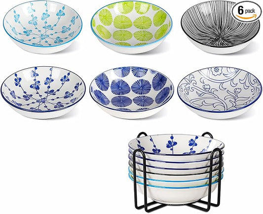 Ceramic Cat Food Bowls,6 Pack Colorful Cat Bowls Set with Metal Storage Stand,Anti-Slip Cats Dishes,Stackable Design,Kitten Plates for Wet and Dry Food Water (6bowls with Metal Holder)