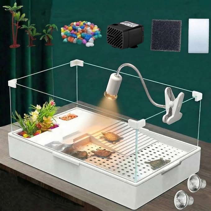 Turtle Tank Kit with Light and Water Pump, Small Turtle Habitat Starter Kit | Easy-Clean Starter Habitat with Basking Platform for Baby Turtles, Small Reptiles, Terrapins and Hermit Crabs