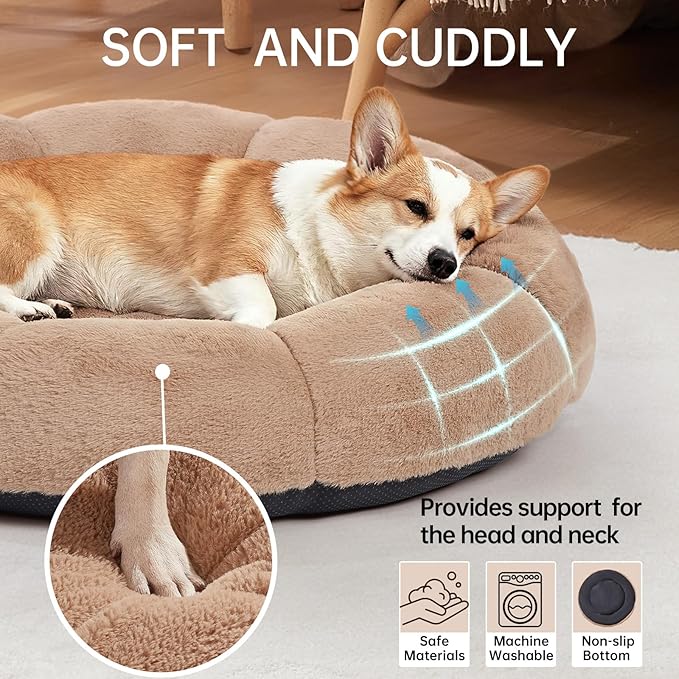 OhGeni 31 inches Calming Donut Dog & Cat Bed for Medium Pets, Warming Comfort Fluffy Short Pile Fur, Durable Waterproof Machine Washable Removable Cover, Cute Round Bed for Puppy, Camel