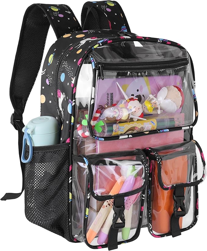 Clear Backpack for Girls, School Kids Heavy Duty See Through Bookbag Unicorn Transparent Backpack with Thicker Strap, Black