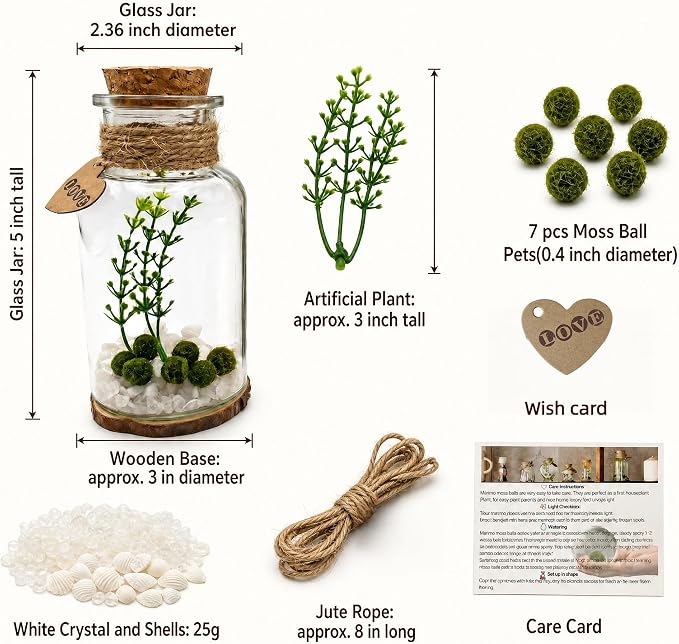 Moss Balls Glass Terrarium Kit - 7 Pcs Glass Terrarium Decor with White Crystal, DIY Aquarium and Home Decor for Desk and Room Styling