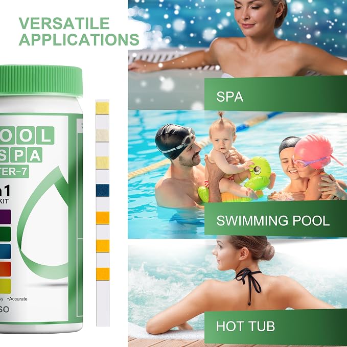 AAwipes Pool and Spa Test Strips 7 in 1 | 50 Pool Water Testing Kit for Pool, Hot tub | Accurate Test Bromine, Total Alkalinity, pH, Free Chlorine, Hardness, Cyanuric Acid, Total Chlorine (K01-50)