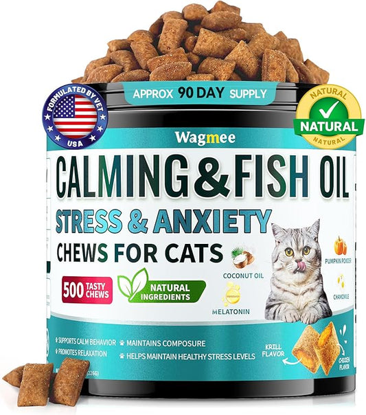Wagmee Cat Calming Treats - 500 Crunchy & Creamy Cat Chews with Melatonin, Chamomile for Cat Stress and Anxiety Relief - Travel, Vet Visits, Storms and Separation Anxiety, Chicken and Krill Flavor