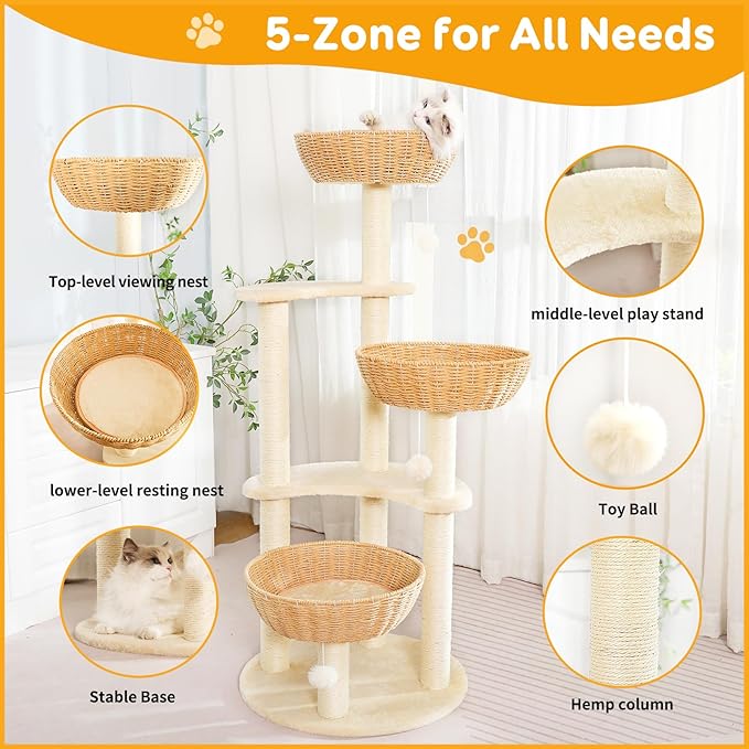 Modern Cat Tree Tower,Three Hand-Woven cat beds, Sisal-Covered Scratching Posts for Indoor Cats, Multi-Level Cat Condo with Space Capsule Nest, Tall Cat Tree for Multiple Large Cats