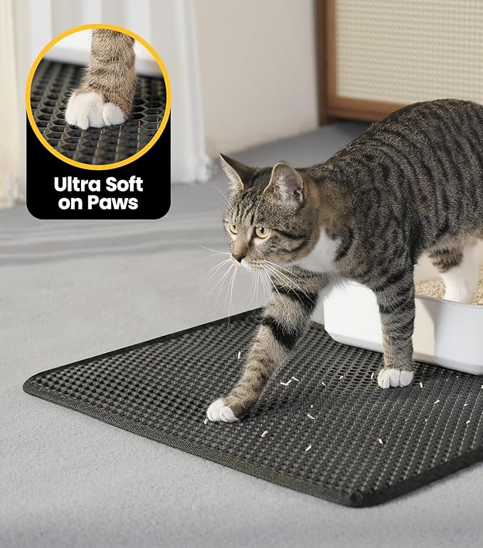 Cat Litter Trapping Mat, 27"x19" Universal Fit Litter Box Floor Mat, Hexagon Grids & Anti-Leak Base, Machine Washable, Non-Slip Kitty Mat for Most Homes, Black