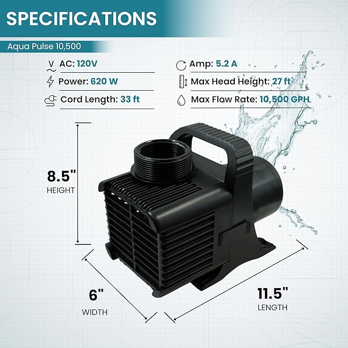 HALF OFF PONDS Submersible Water Pump, 10,500 GPH Pond Pump with 33FT Power Cord and 27 FT Max Head, 620W Ultra Quiet Energy Efficient Pump for Koi Pond, Fountain, Waterfall, Water Garden, Skimmer
