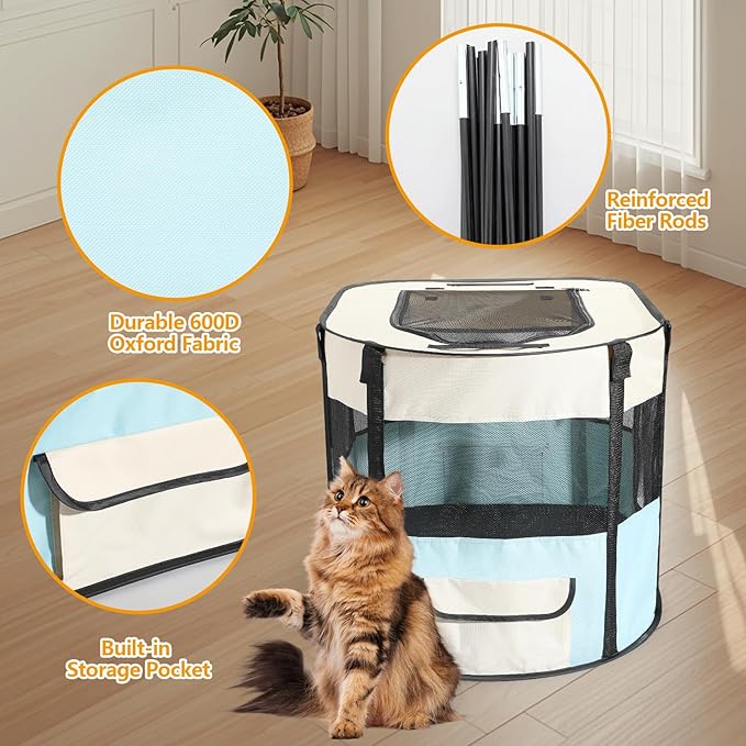 Portable Cat Playpen, Foldable Indoor Outdoor Cat Enclosure, Pet Tent for Kittens and Small Animals, Collapsible Tent Kennel Cage House with Tent Pegs and Carry Bag