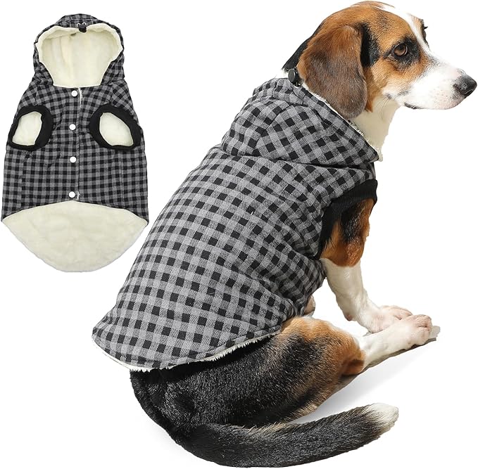 Vecomfy Fleece Lining Dog Hoodie for Medium Dogs Extra Warm Plaid Sweater with Drawstring Hooded Coats in Winter Doggie Jacket,Black XL