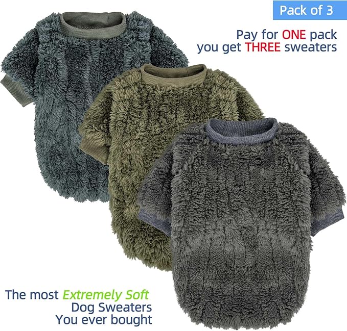 FabriCastle Dog Sweater, 3-Pack Dog Clothes & Coat, Pet Jacket for XS Small Dogs Boy or Girl, Soft and Warm Cat Sweaters Doggy Apparel Costumes Christmas (Dark Teal,Army Green,Dark Grey, X-Small)