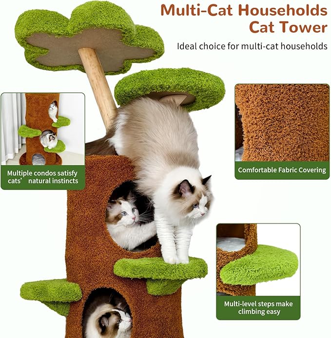 Modern Cat Tree Tower: 58Inch Tall Cat Tree for Large Cats with Multi Condos - Indoor Wood Cat Tree House Sturdy with Scratching Post