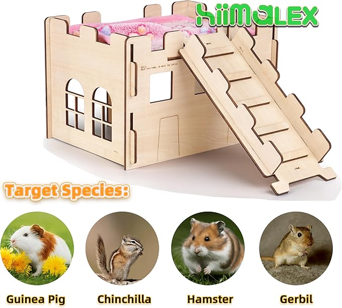 HIIMALEX Sturdy Guinea Pig Hideout Wooden Castle for Guinea Pig Chinchilla Hedgehog Gerbil Hamster Rat House Habitat for Playing and Hiding (GPG-MT)