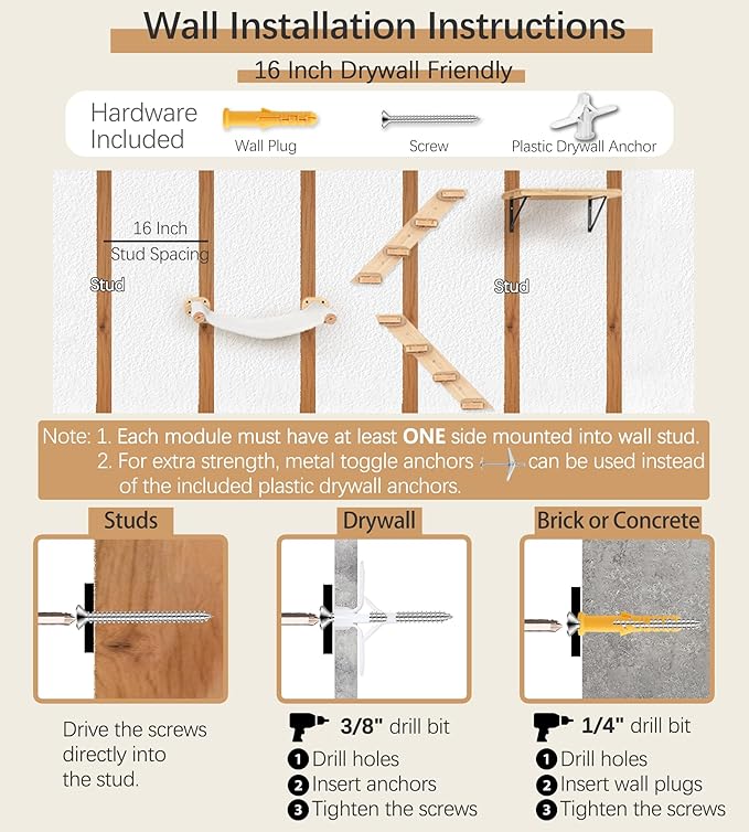 Cat Wall Shelves with 1 Floating Fabric Hammock, 2 Ladders with 4 Steps Each & 1 Flat Cat Shelf, Wall Mounted Bed Furniture & Climber, Indoor Playground
