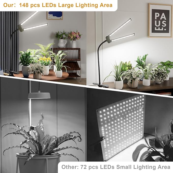 LED Grow Light, 6000K White Full Spectrum Clip Plant Growing Lamp | with Rotatable Dual Head for Indoor Desk Plants,Dimmable & Timer 4/8/12H,High Power Output for Faster Growth,1-Head