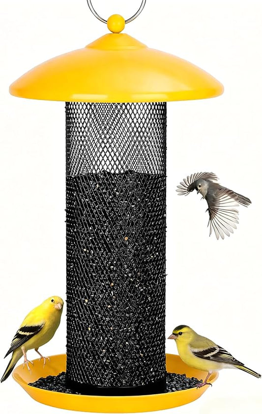 Gtongoko Finch Bird Feeders for Outdoors 2.5 LB Capacity Squirrel Proof Metal Mesh Tube Bird Feeders Thistle & Nyjer Seed Hanging Feeder, Yellow, 1 Pack